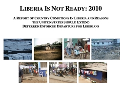[ai] A collage of images depicting various scenes in Liberia, including damaged buildings, people in a market, and crowded living conditions. The title and description at the top mention a report on country conditions and U.S. policy regarding Liberians.